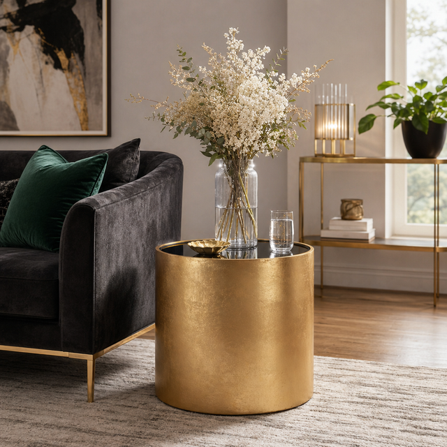 Kinyon Black/Gold Wood Glass Side Table