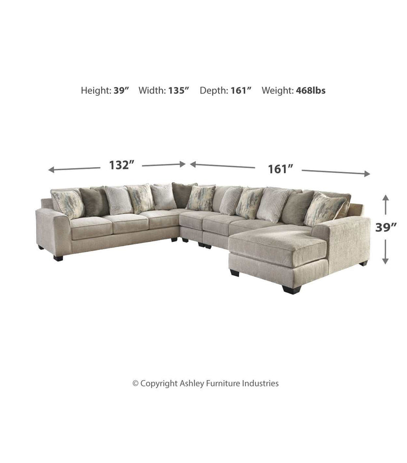 Ardsley Pewter 5pc RAF Chaise Sectional w/ LAF Sofa - Ornate Home