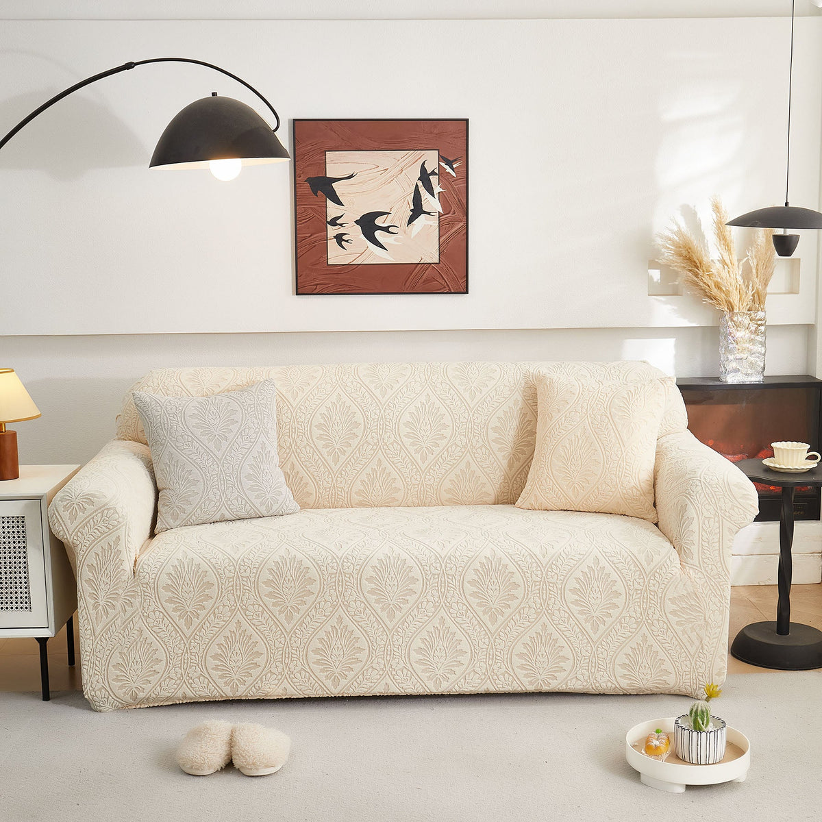3D Baroque Floral Stretch Sofa Cover Elastic Polar Fleece Couch Slipcover with Straps - Ornate Home