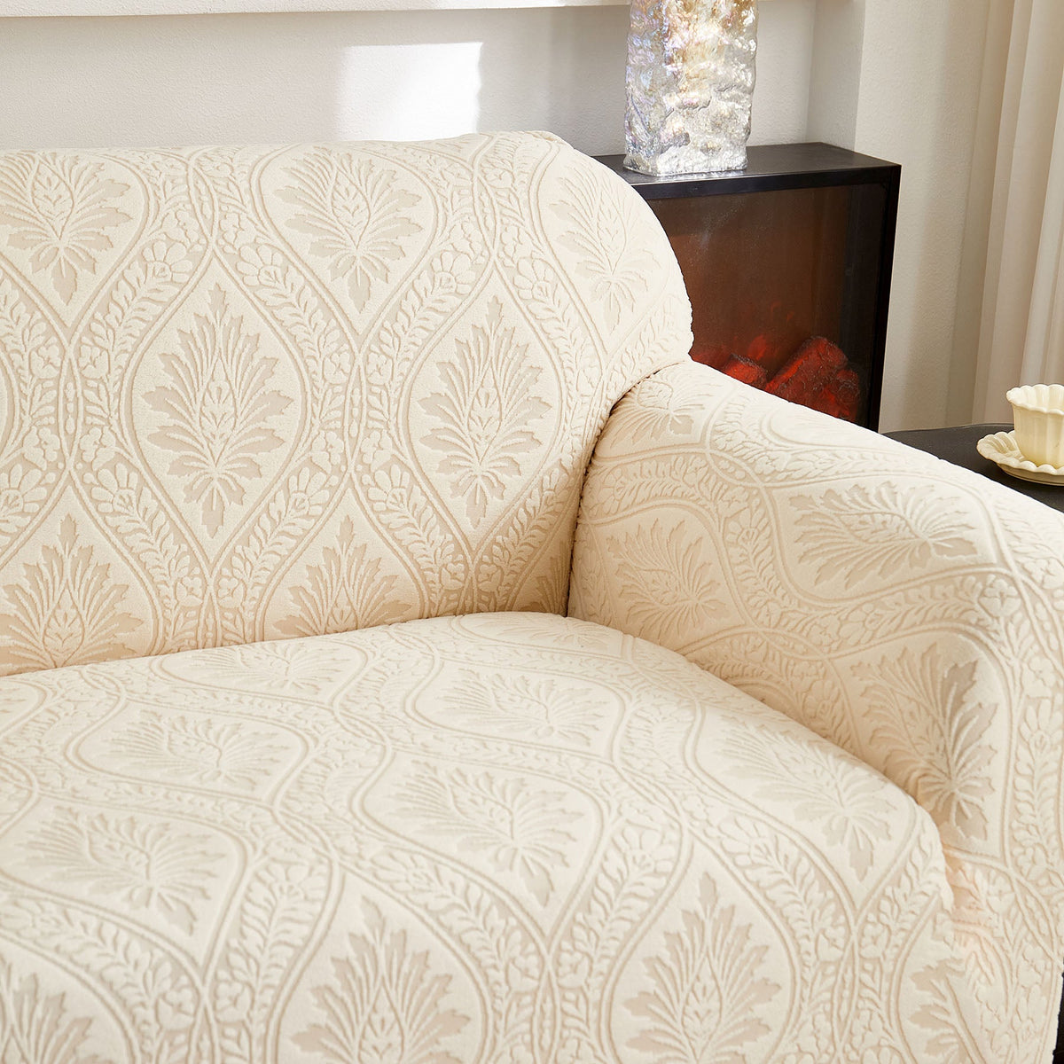 3D Baroque Floral Stretch Sofa Cover Elastic Polar Fleece Couch Slipcover with Straps - Ornate Home