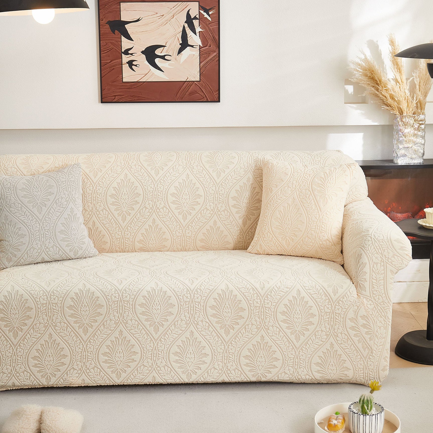 3D Baroque Floral Stretch Sofa Cover Elastic Polar Fleece Couch Slipcover with Straps - Ornate Home
