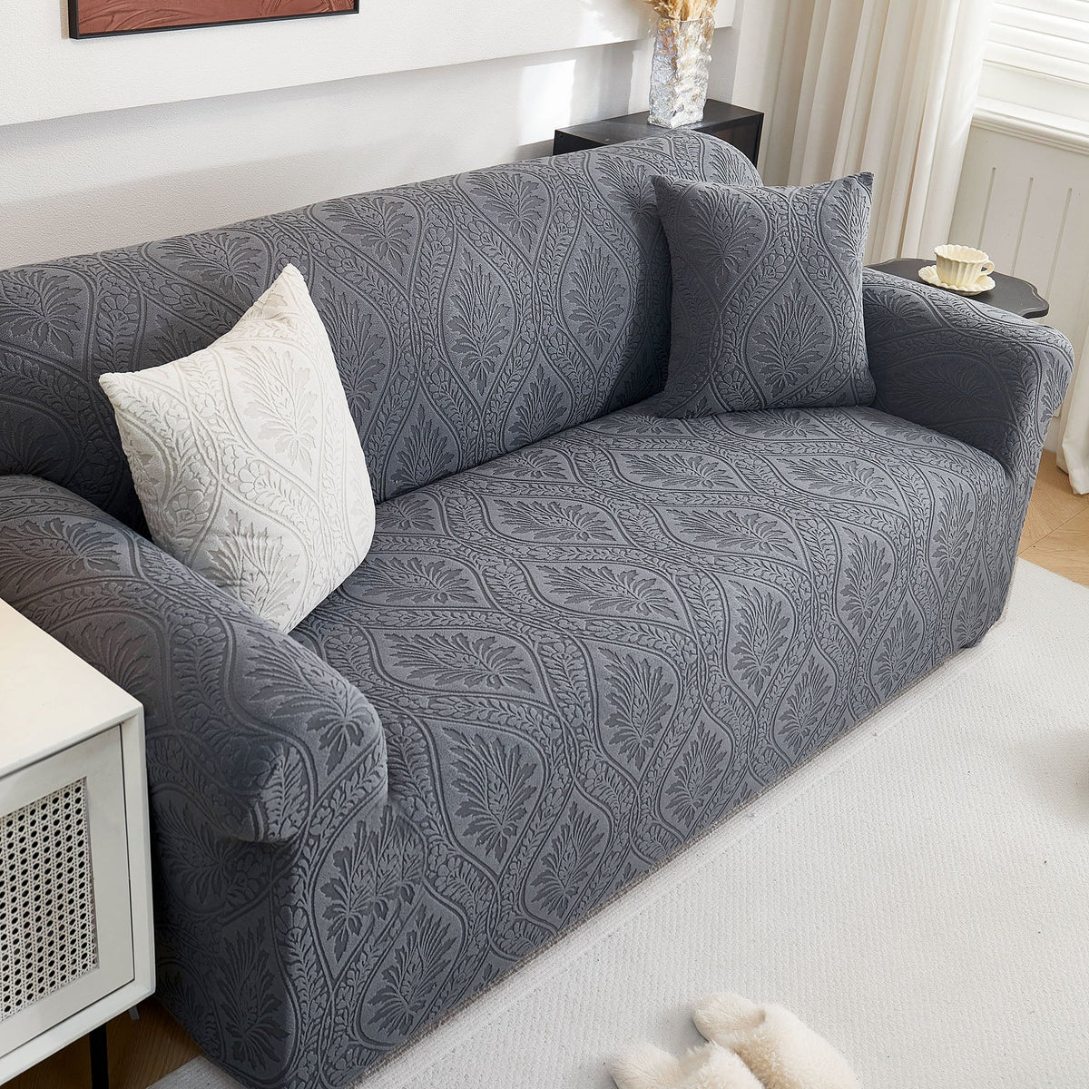 3D Baroque Floral Stretch Sofa Cover Elastic Polar Fleece Couch Slipcover with Straps - Ornate Home