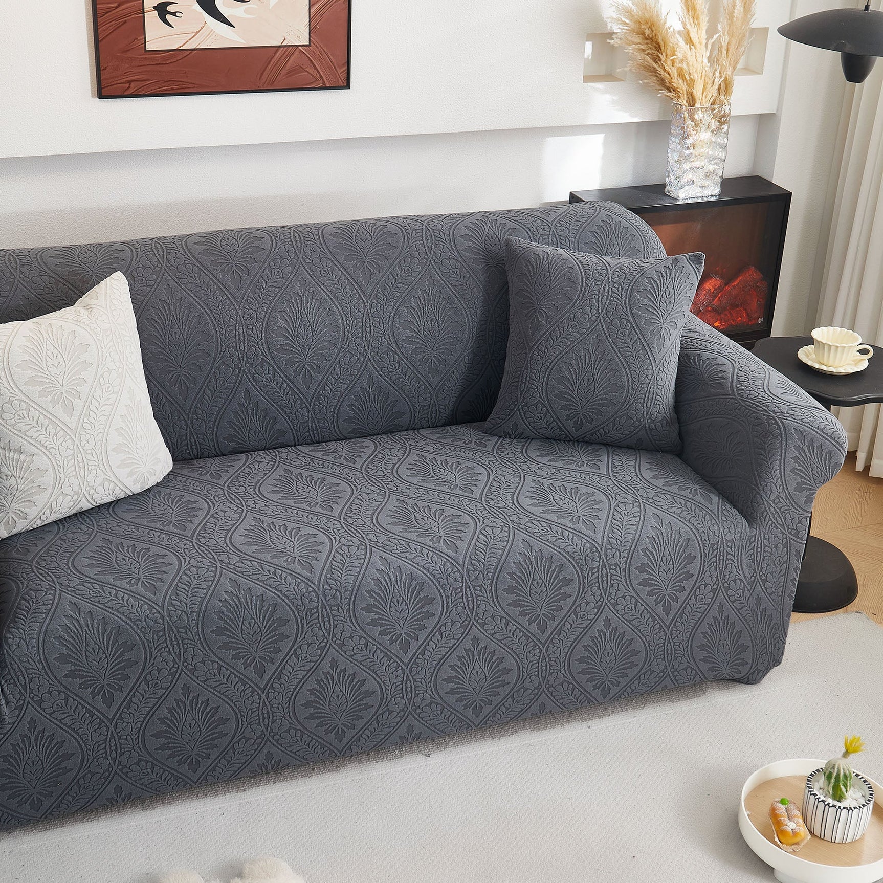 3D Baroque Floral Stretch Sofa Cover Elastic Polar Fleece Couch Slipcover with Straps - Ornate Home
