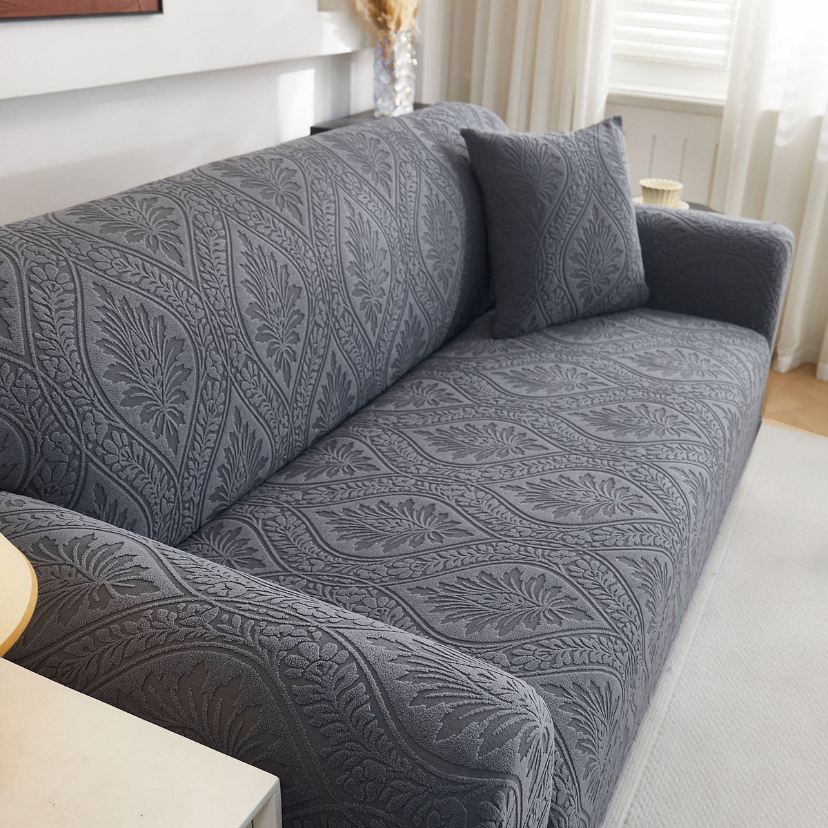 3D Baroque Floral Stretch Sofa Cover Elastic Polar Fleece Couch Slipcover with Straps - Ornate Home