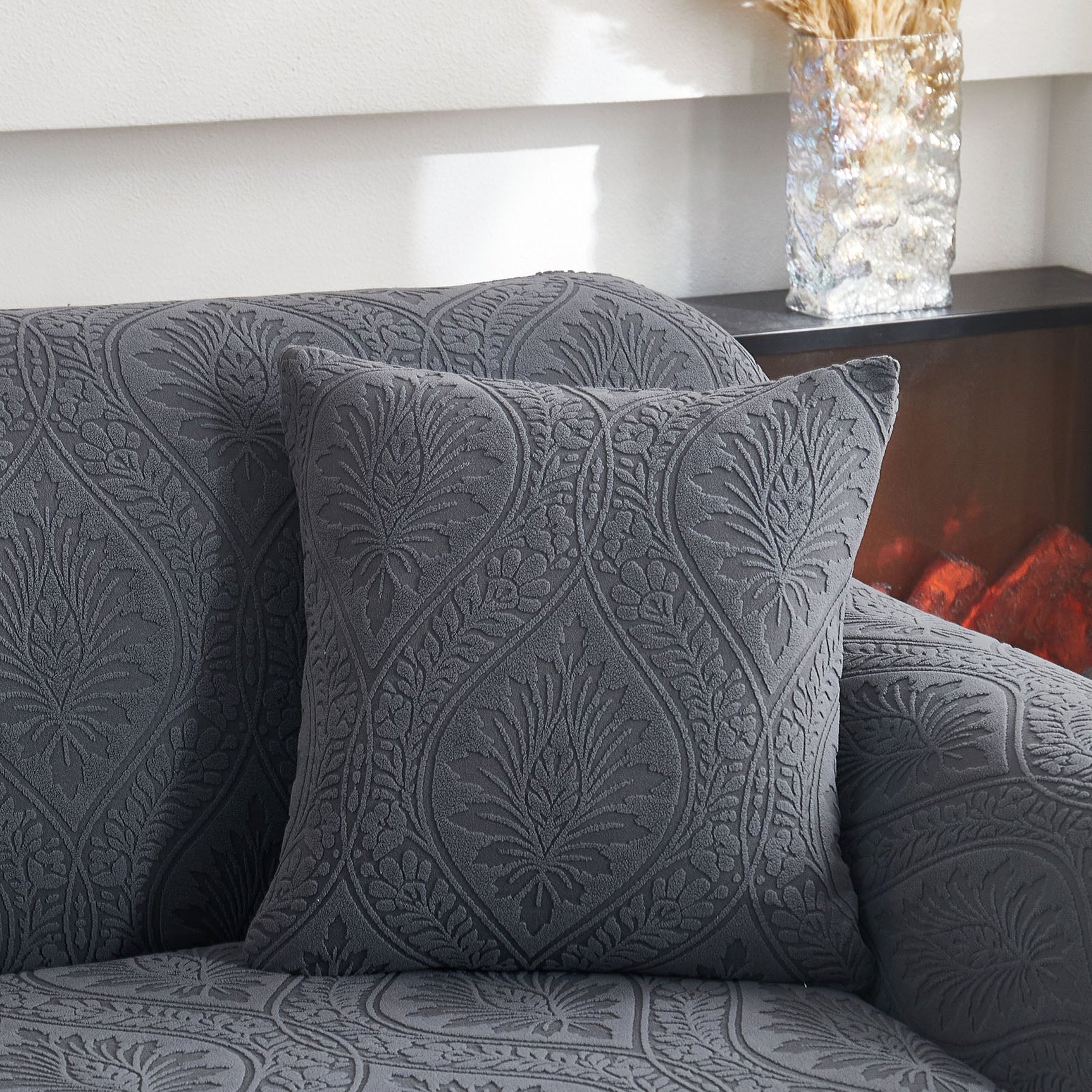 3D Baroque Floral Stretch Sofa Cover Elastic Polar Fleece Couch Slipcover with Straps - Ornate Home