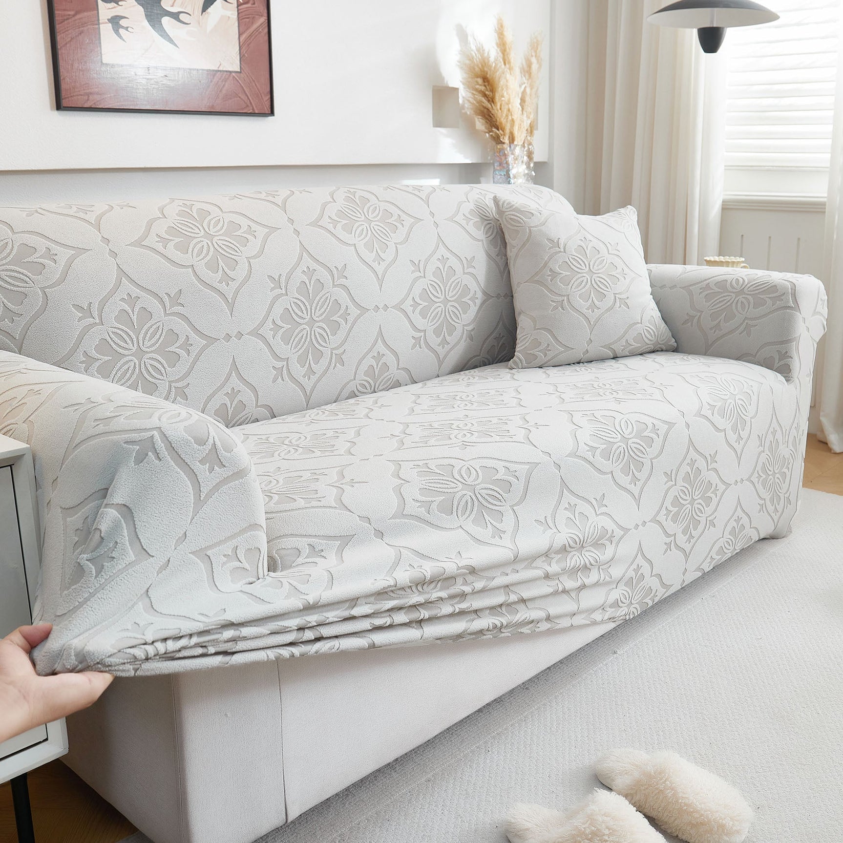 3D Damask Jacquard Stretch Sofa Cover Thick Polar Fleece Couch Slipcover with Straps - Ornate Home