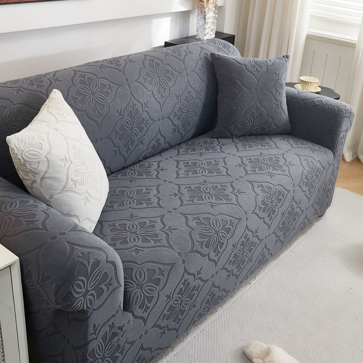3D Damask Jacquard Stretch Sofa Cover Thick Polar Fleece Couch Slipcover with Straps - Ornate Home
