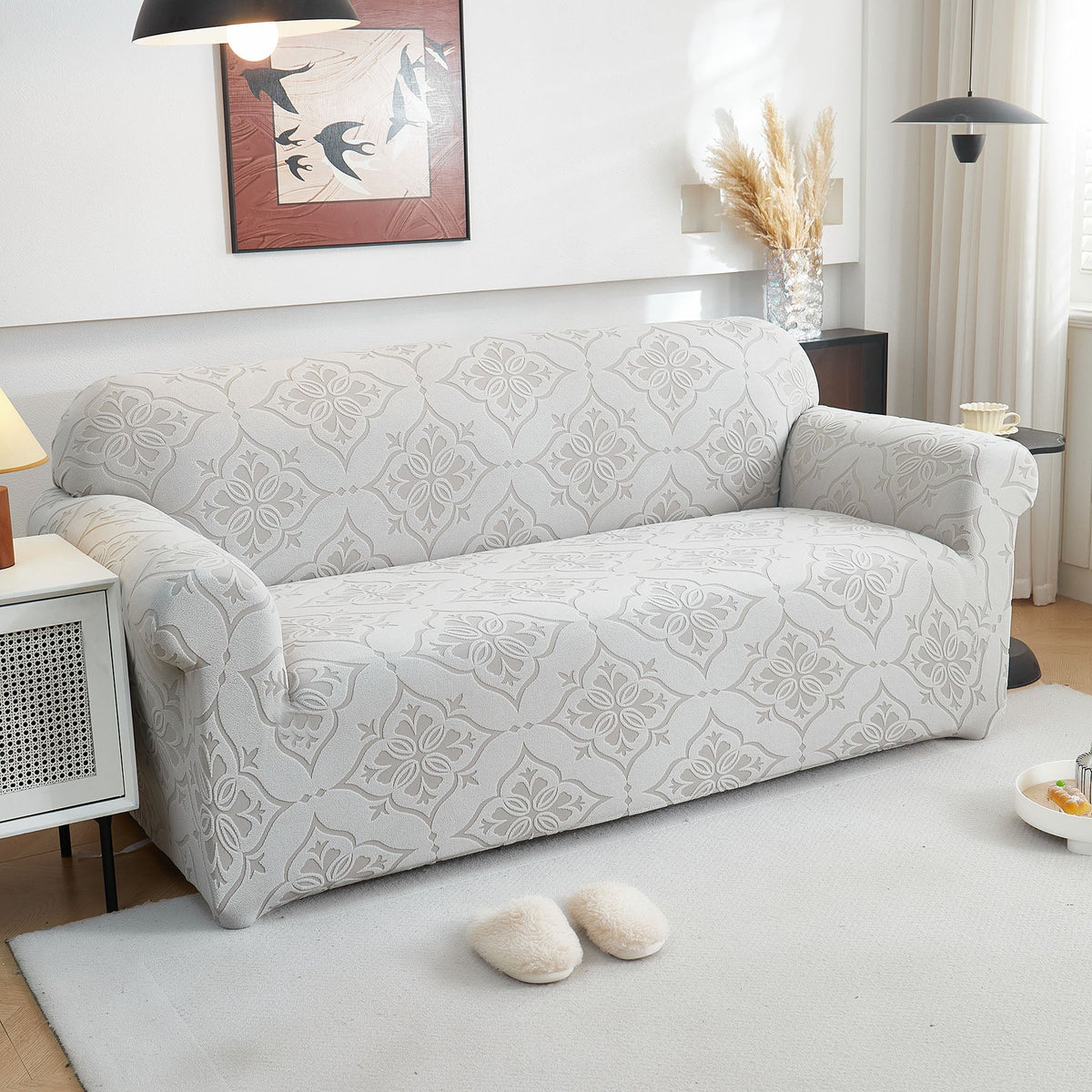 3D Damask Jacquard Stretch Sofa Cover Thick Polar Fleece Couch Slipcover with Straps - Ornate Home