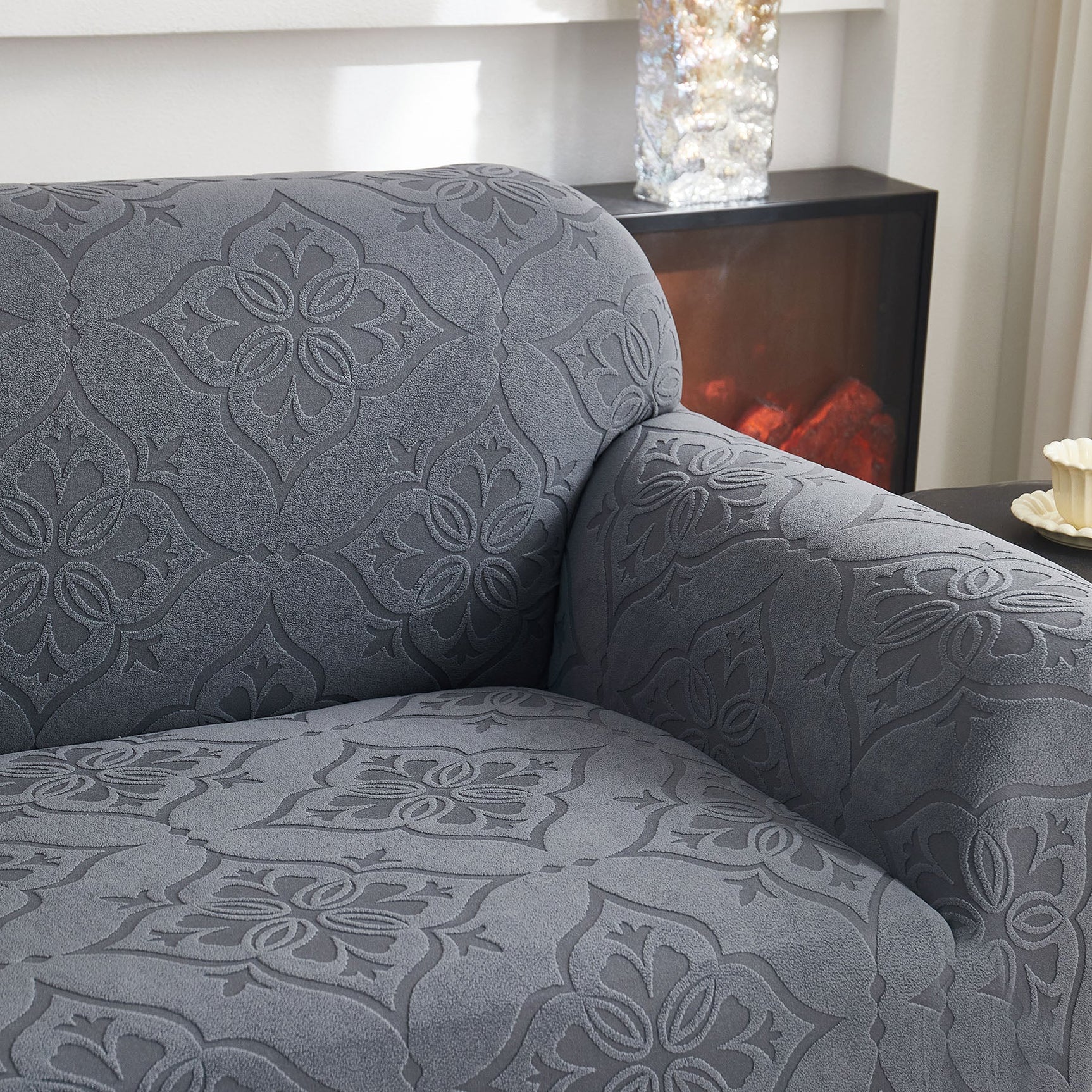 3D Damask Jacquard Stretch Sofa Cover Thick Polar Fleece Couch Slipcover with Straps - Ornate Home