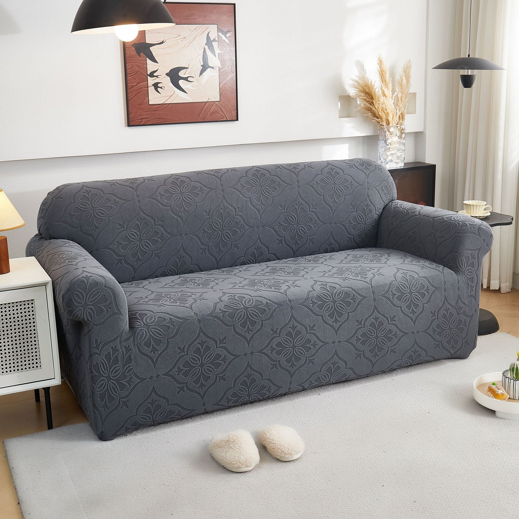 3D Damask Jacquard Stretch Sofa Cover Thick Polar Fleece Couch Slipcover with Straps - Ornate Home