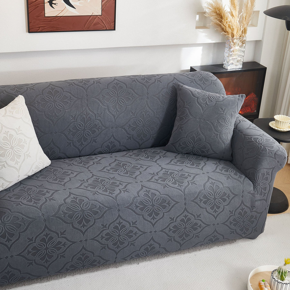 3D Damask Jacquard Stretch Sofa Cover Thick Polar Fleece Couch Slipcover with Straps - Ornate Home
