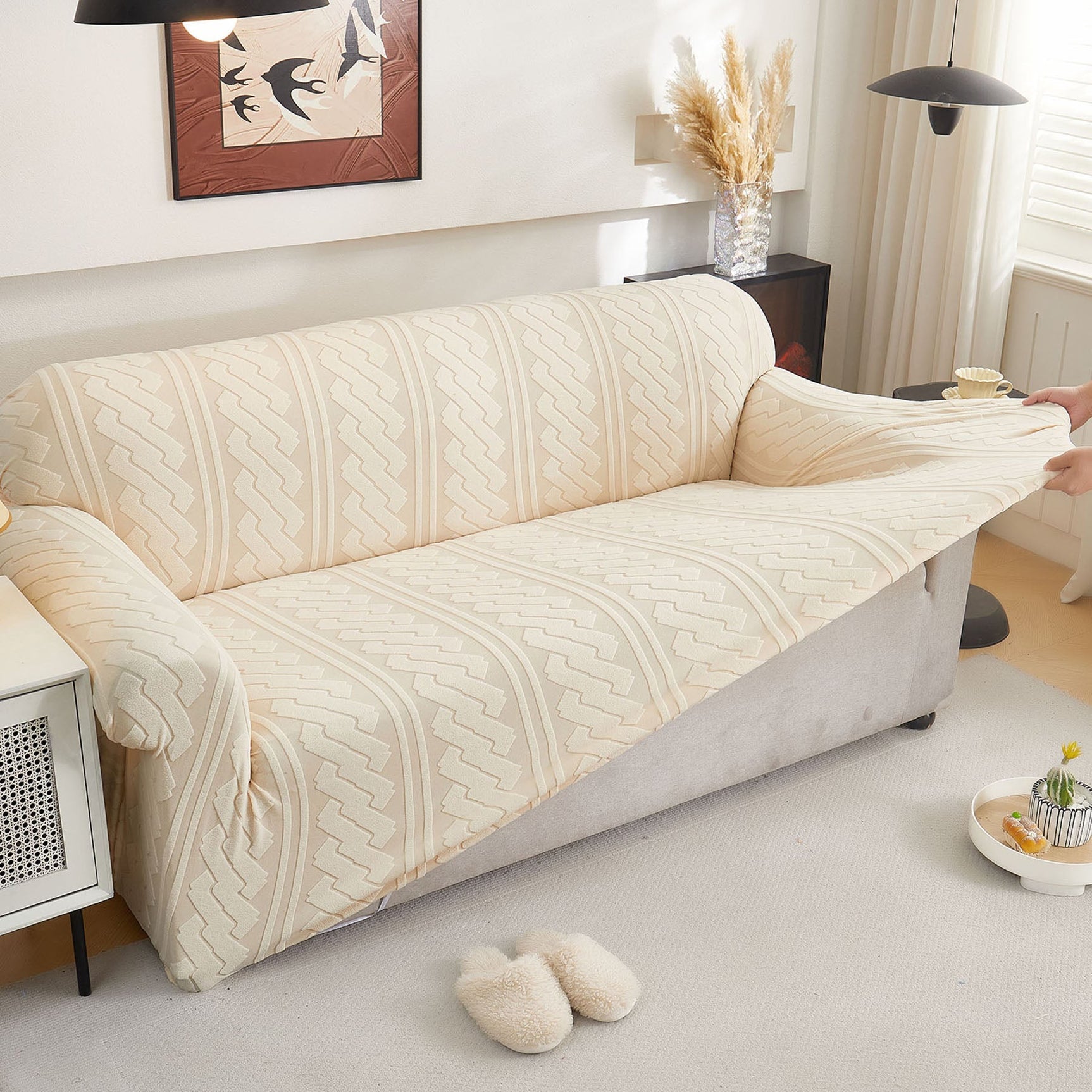 3D Embossed Geometric Couch Slipcover, Stretch Washable Non Slip Furniture Protector - Ornate Home