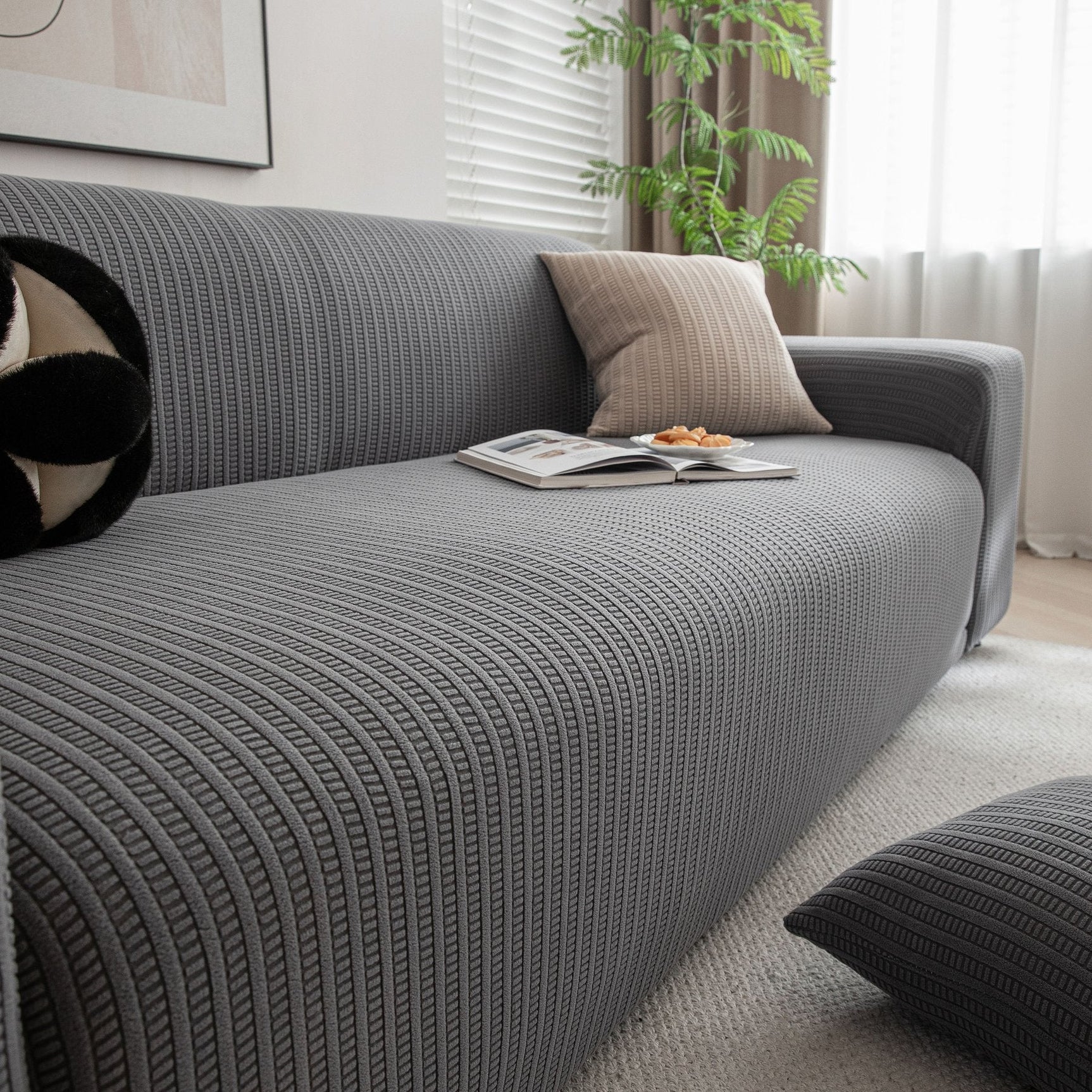3D Grid Jacquard Sofa Cover, High Stretch Plush Waffle Couch Slipcover with Tie Straps - Ornate Home
