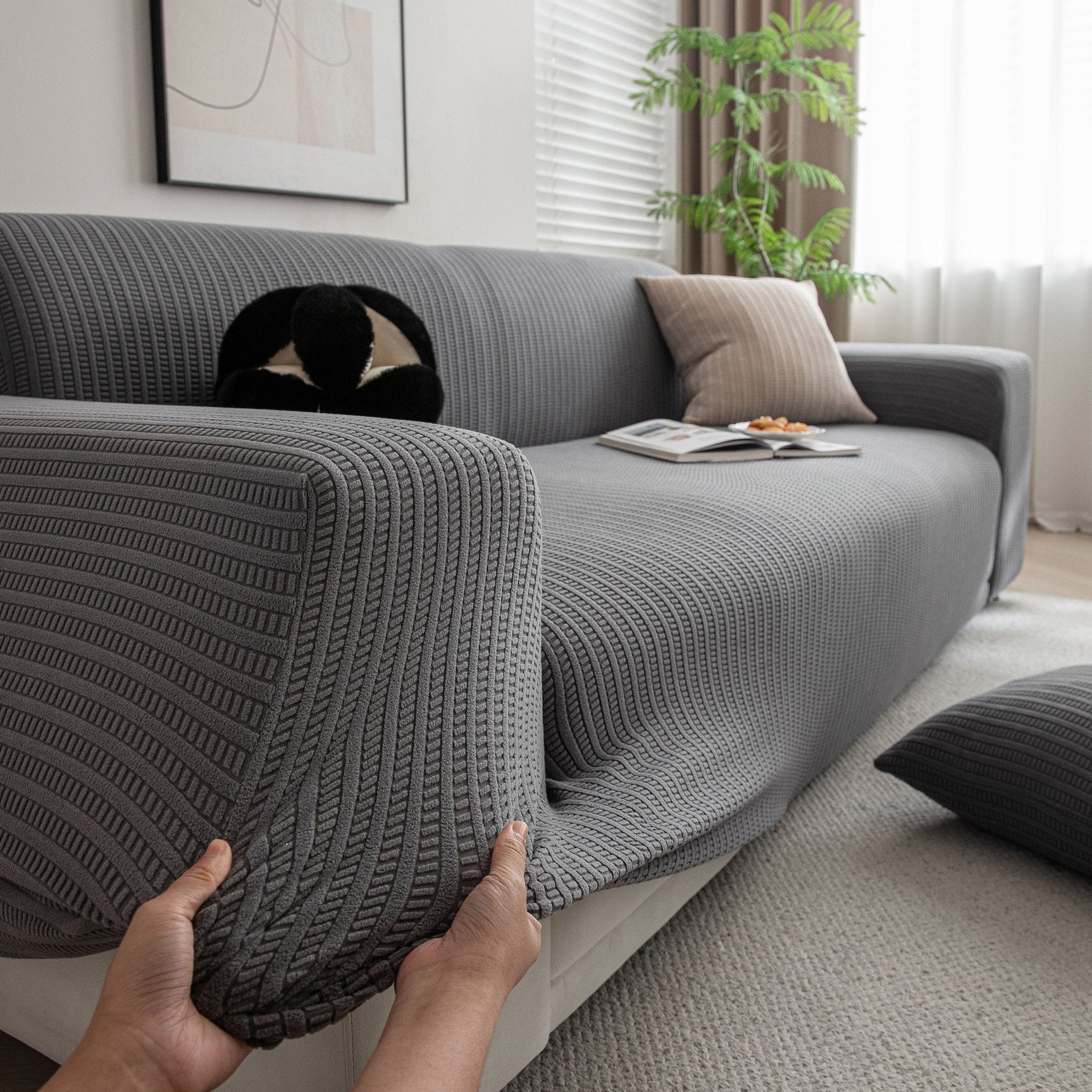 3D Grid Jacquard Sofa Cover, High Stretch Plush Waffle Couch Slipcover with Tie Straps - Ornate Home