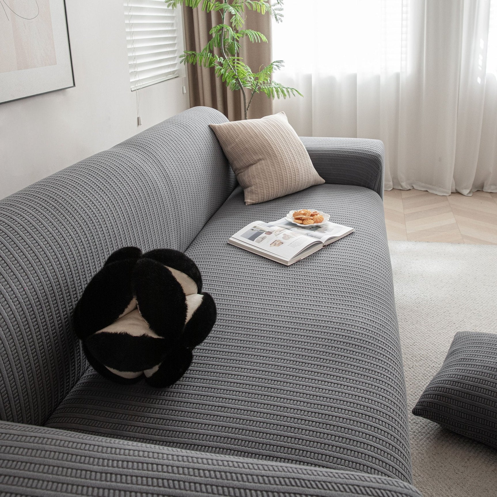 3D Grid Jacquard Sofa Cover, High Stretch Plush Waffle Couch Slipcover with Tie Straps - Ornate Home