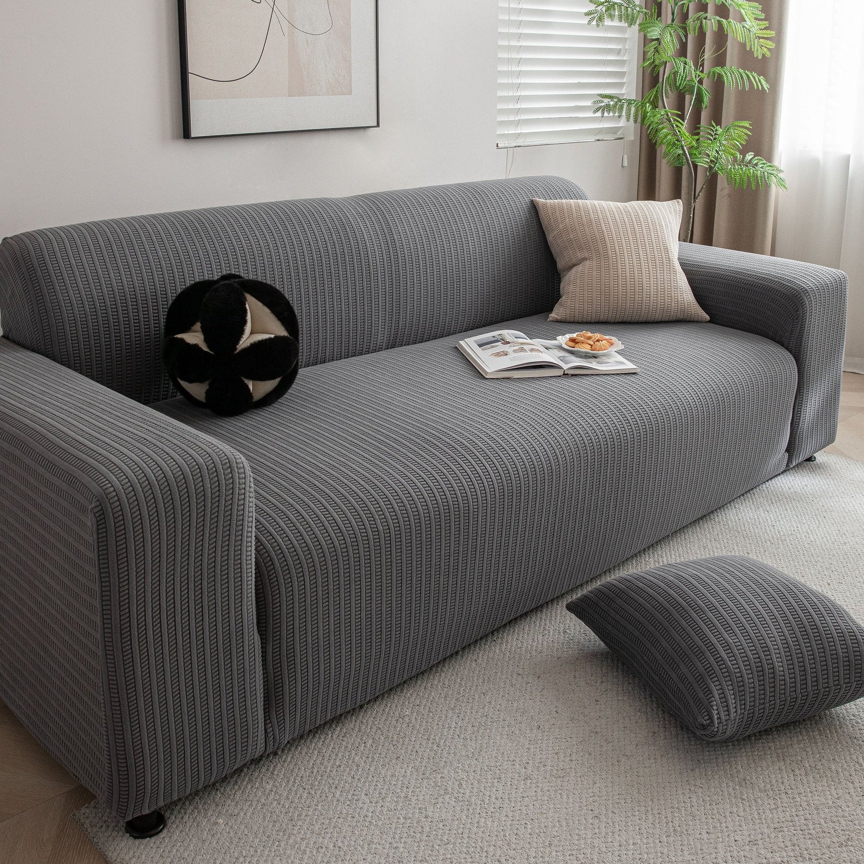3D Grid Jacquard Sofa Cover, High Stretch Plush Waffle Couch Slipcover with Tie Straps - Ornate Home