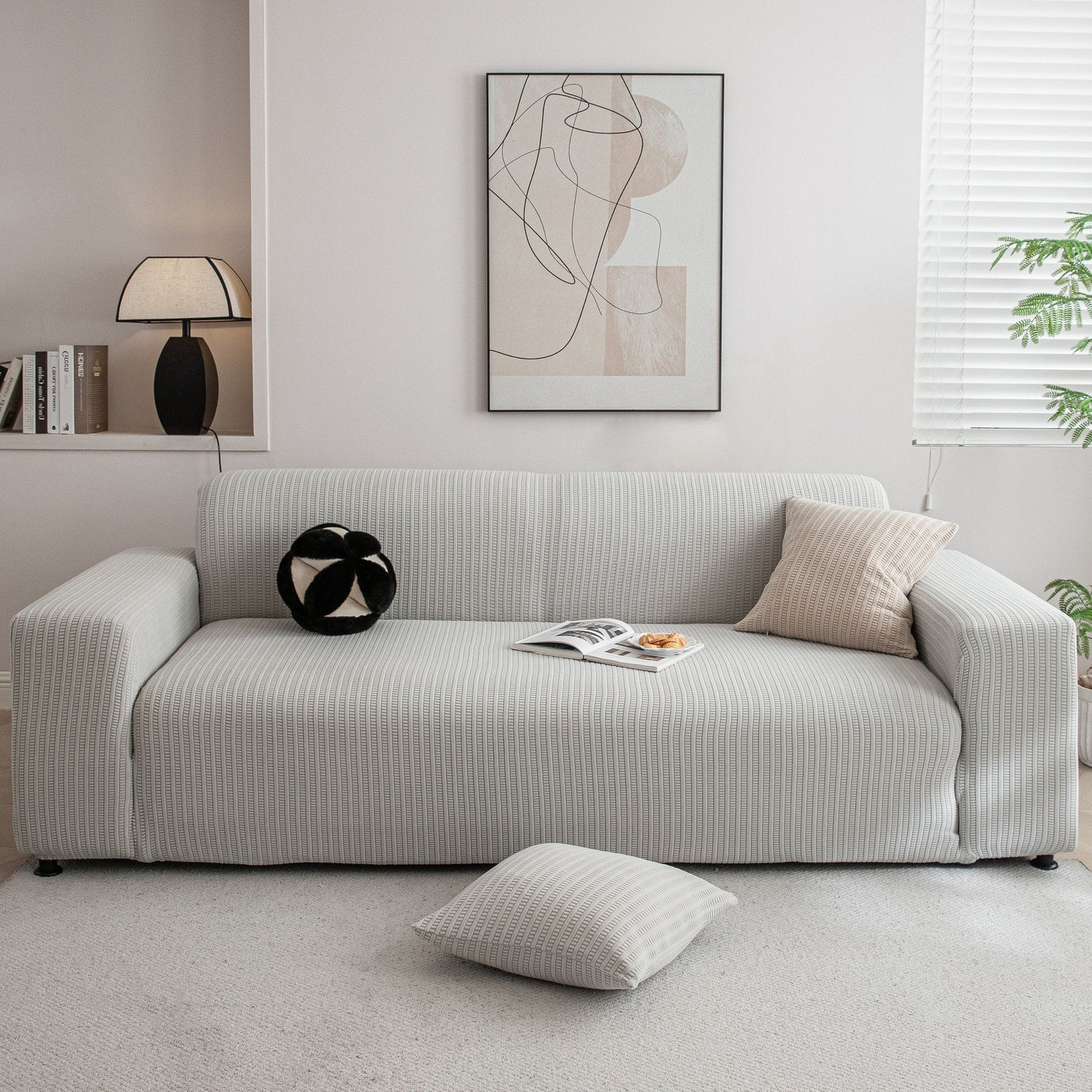 3D Grid Jacquard Sofa Cover, High Stretch Plush Waffle Couch Slipcover with Tie Straps - Ornate Home