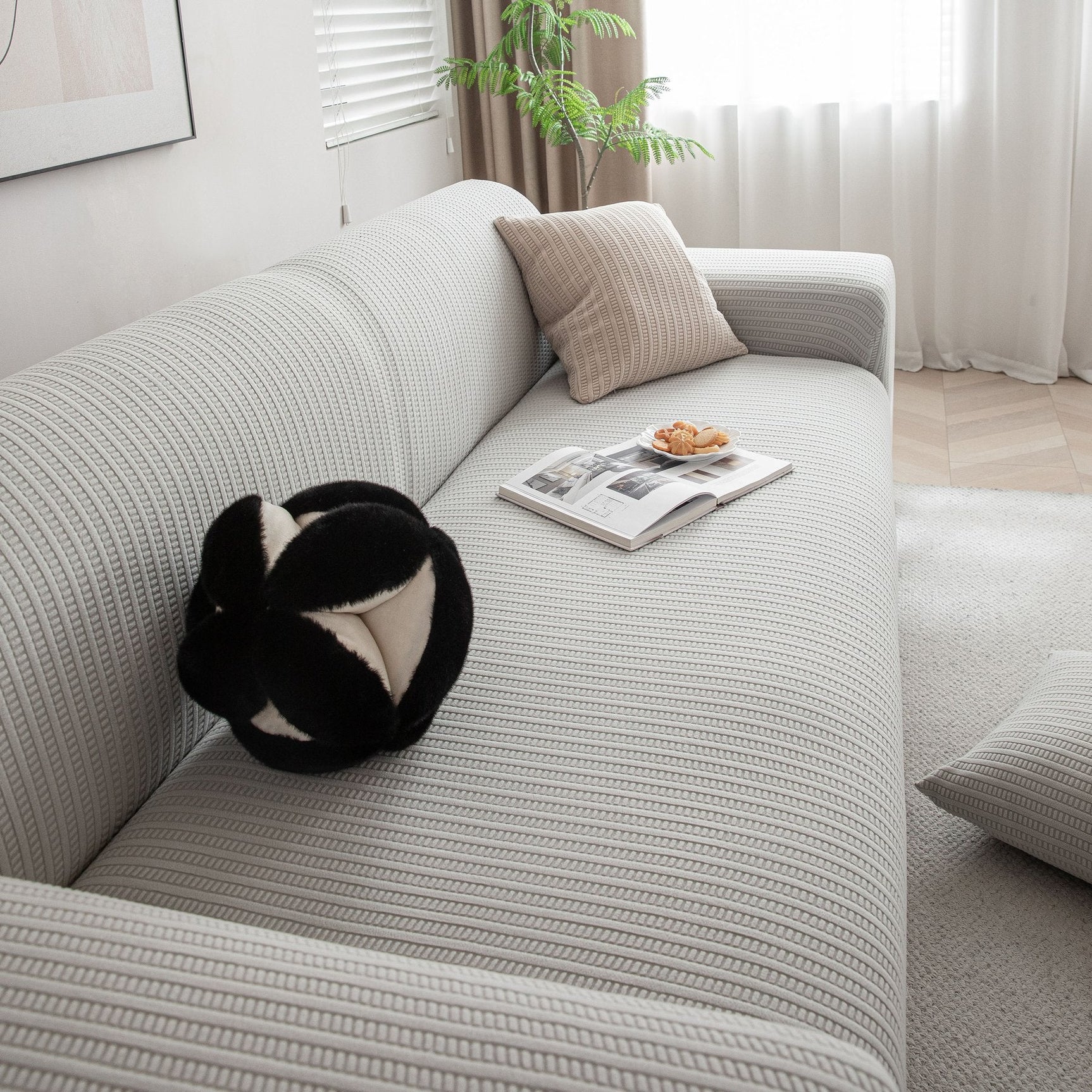 3D Grid Jacquard Sofa Cover, High Stretch Plush Waffle Couch Slipcover with Tie Straps - Ornate Home