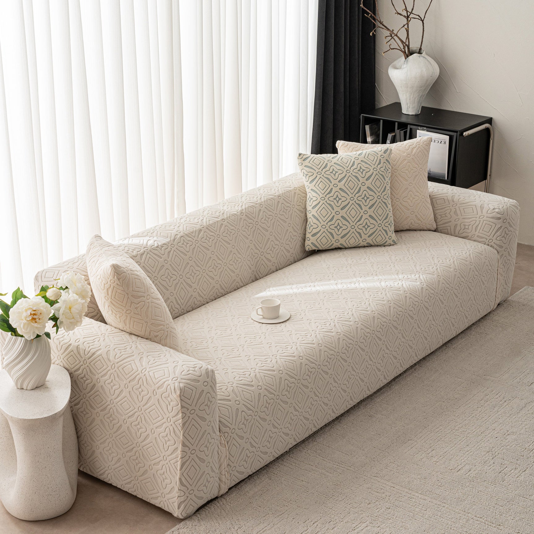 3D Jacquard Geometric Sofa Cover, High Stretch Soft Polar Fleece Slipcover for Couch - Ornate Home