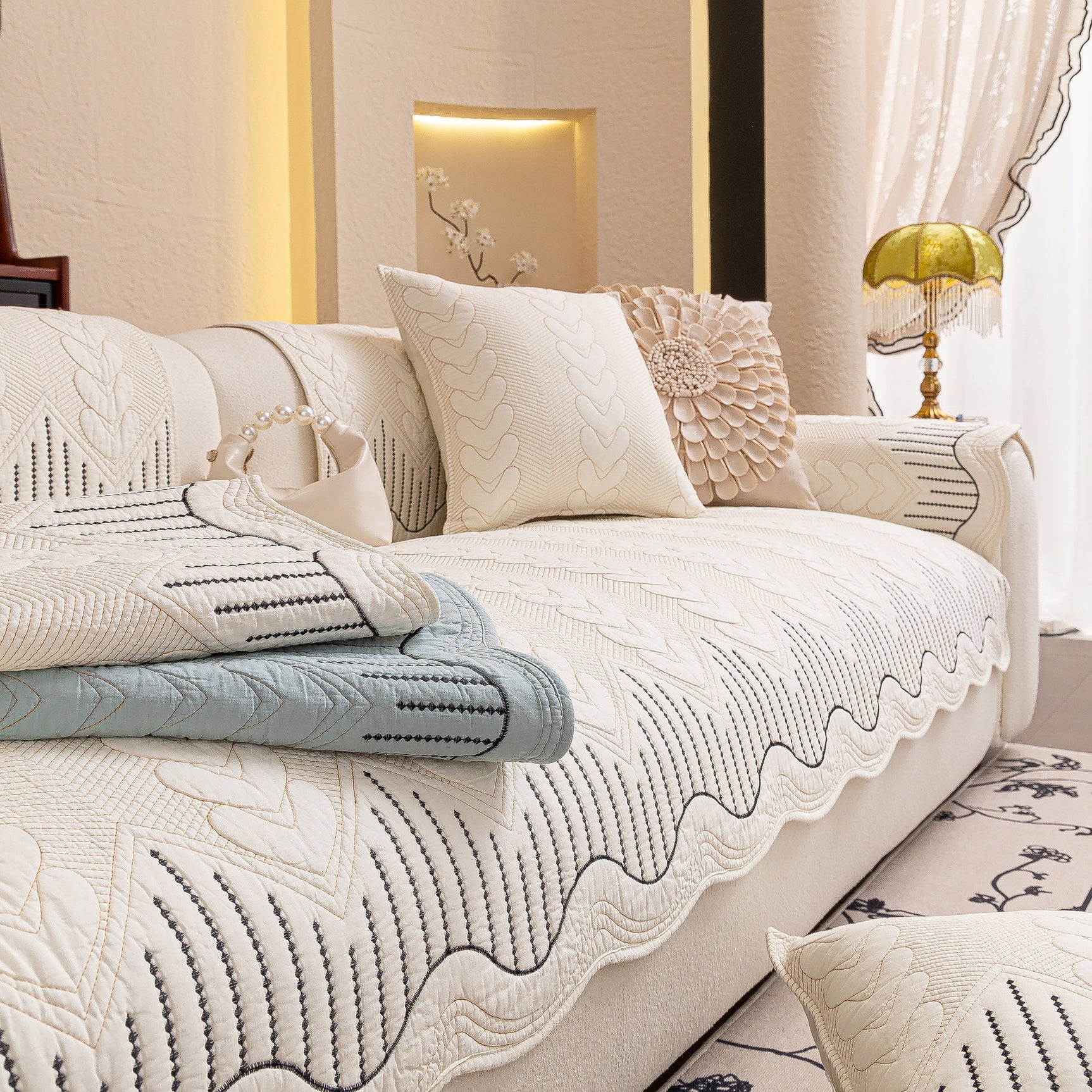 3D Quilted Thick Cotton Sofa Cover Non-Slip Couch Throw for Fabric & Leather Sofas - Ornate Home
