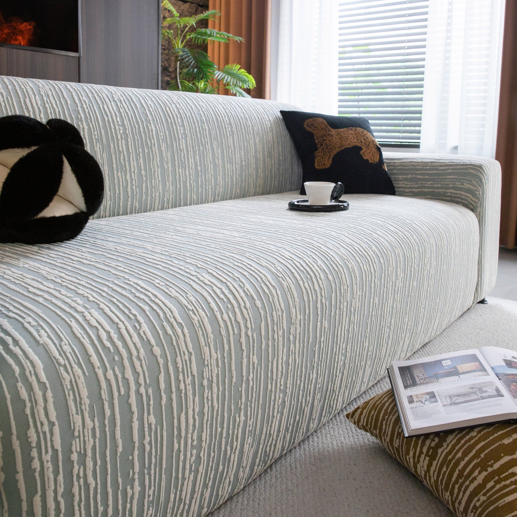 High Stretch Couch Slipcover with Abstract Stripe, Washable Non-Slip Cover for Dogs