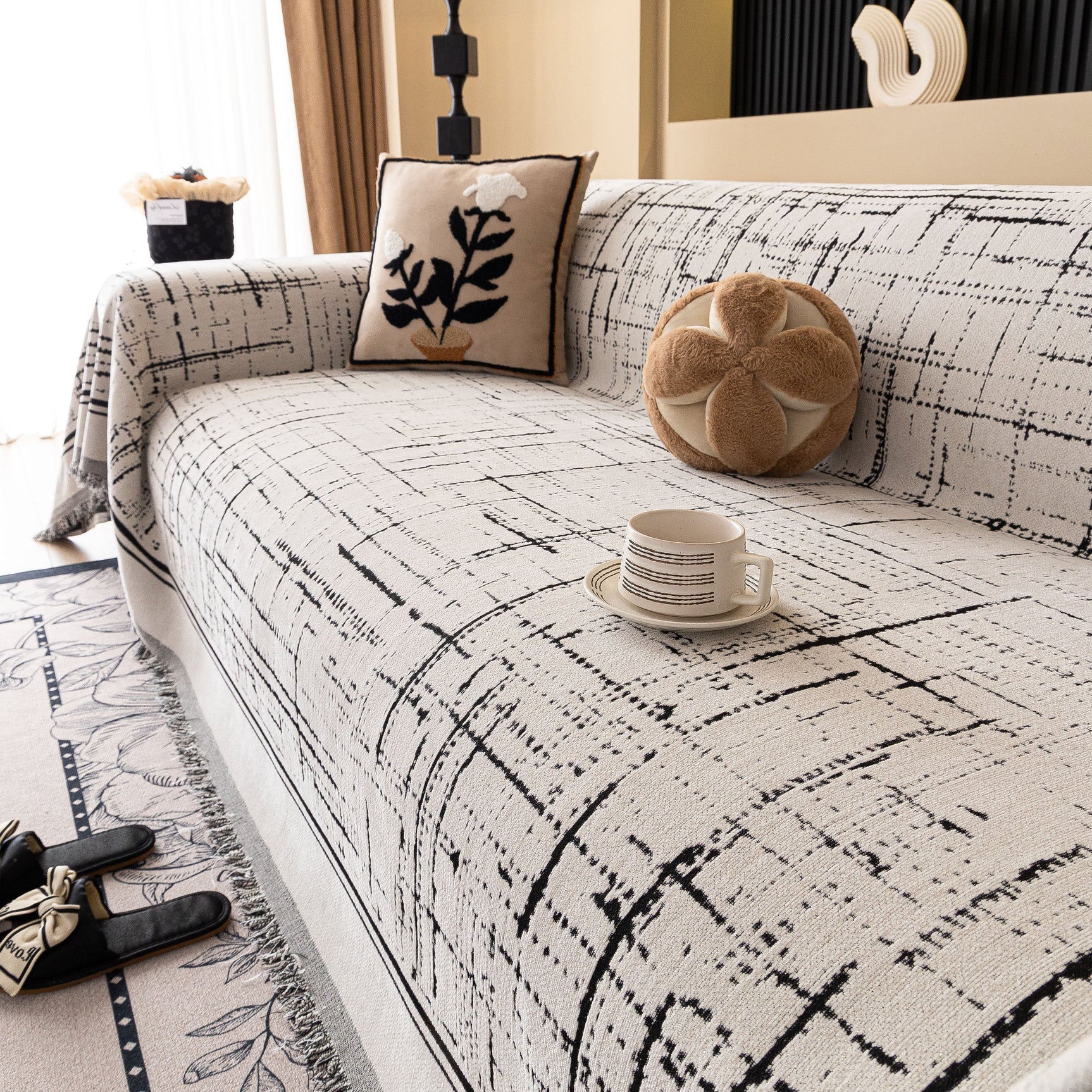 Modern Couch Protector Blanket Woven Chenille Sofa Cover Throw with Artistic Grid