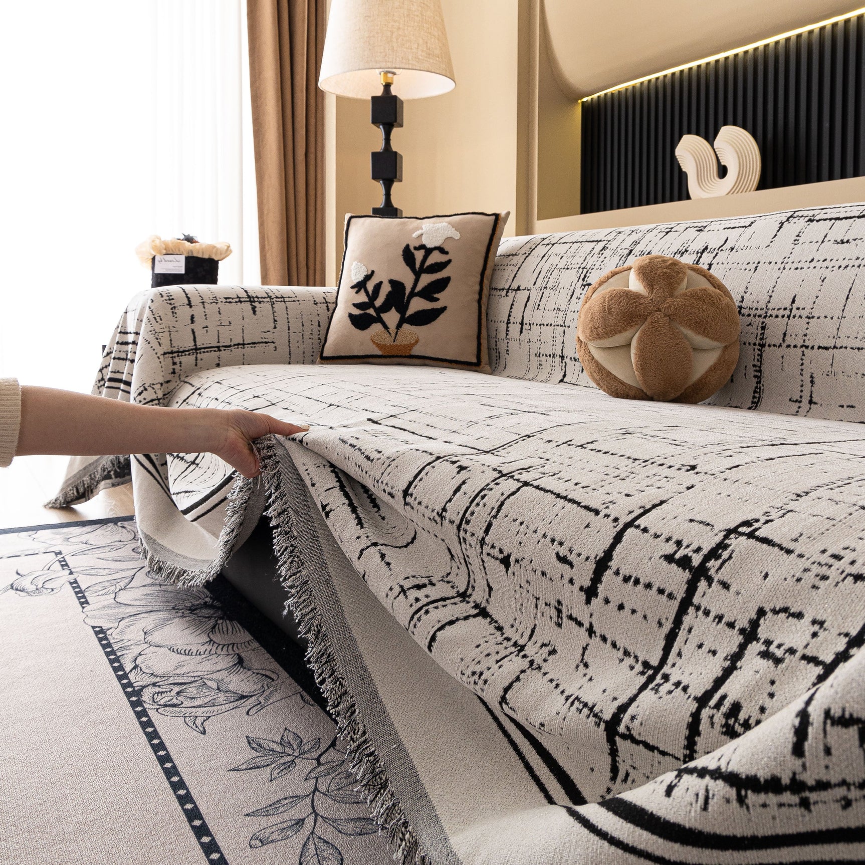 Modern Couch Protector Blanket Woven Chenille Sofa Cover Throw with Artistic Grid