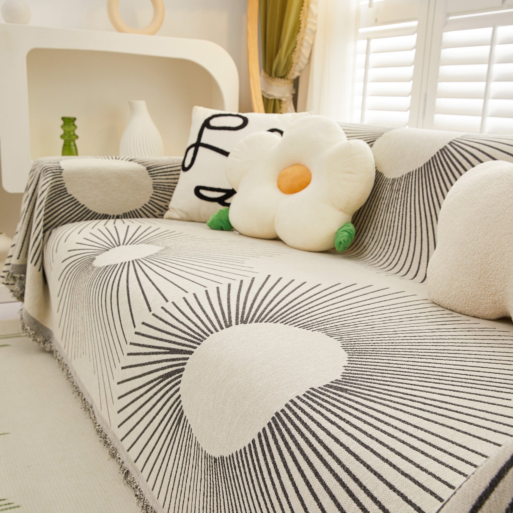 Geometric Radial Striped L-Shape Sofa Cover: Thick, Reversible Furniture Blanket for Kids and Pets