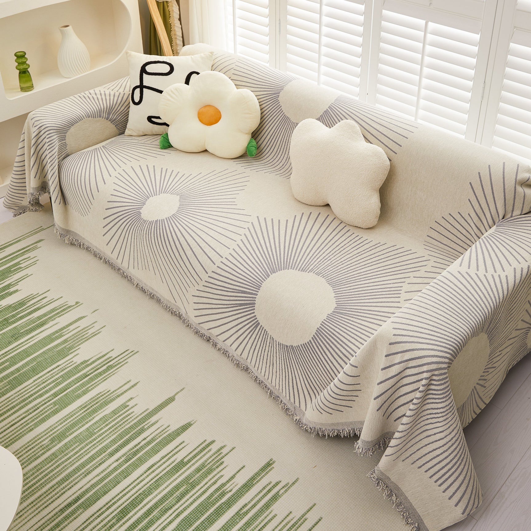 Geometric Radial Striped L-Shape Sofa Cover: Thick, Reversible Furniture Blanket for Kids and Pets