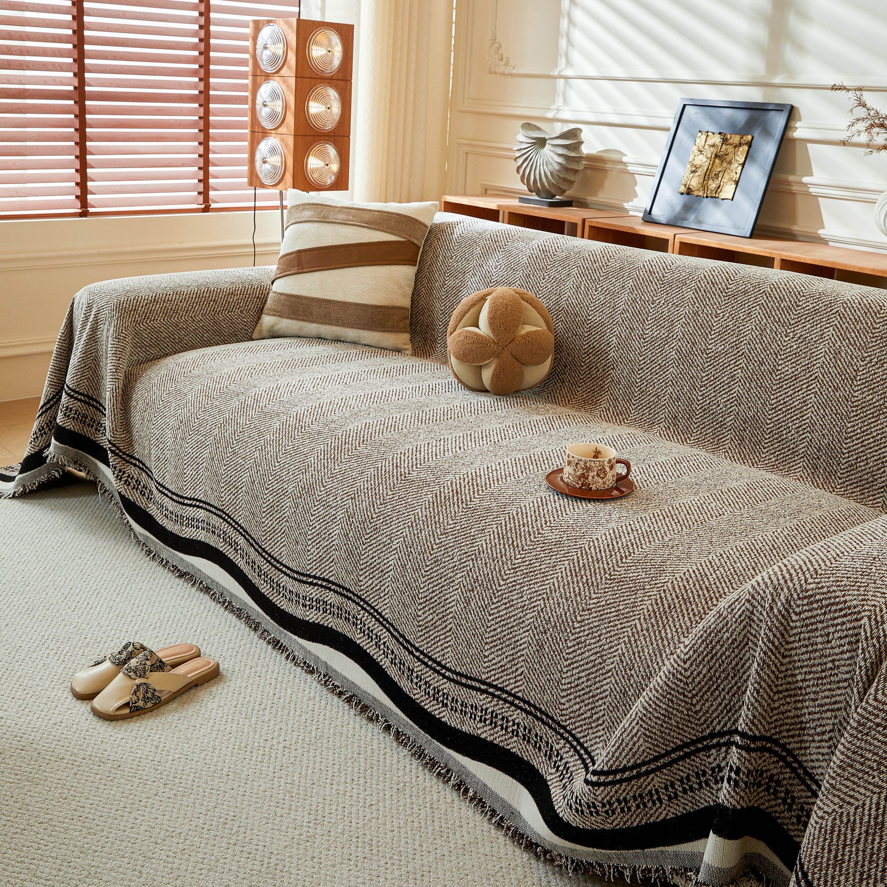 Reversible Herringbone Sofa Cover, 2-in-1 Classic British Throw Blanket for Couch