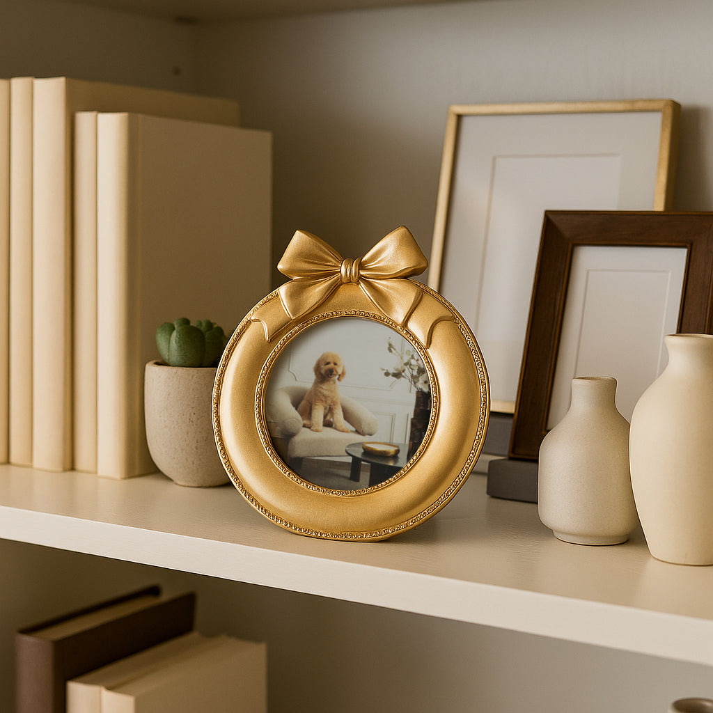 Shiloh Gold 4x4 Bow on Round Photo Frame