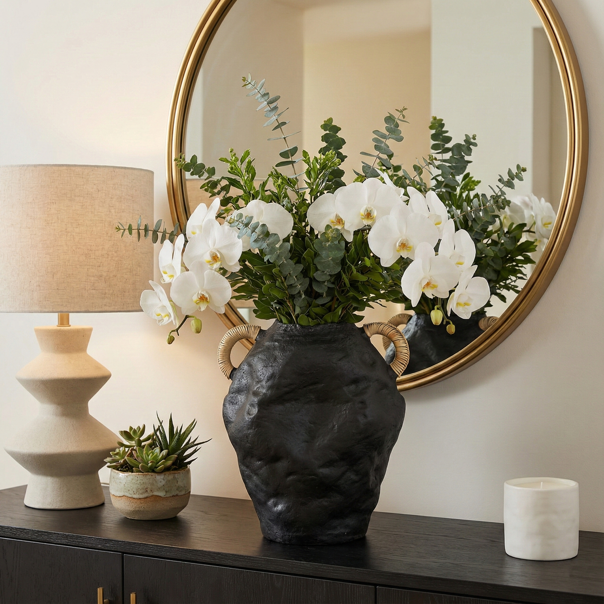 Meeks Bay Black Terracotta Jug Vase with Rattan Handles