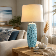 Fortuna Coastal Blue Coastal Ceramic Table Lamp with Linen Shade