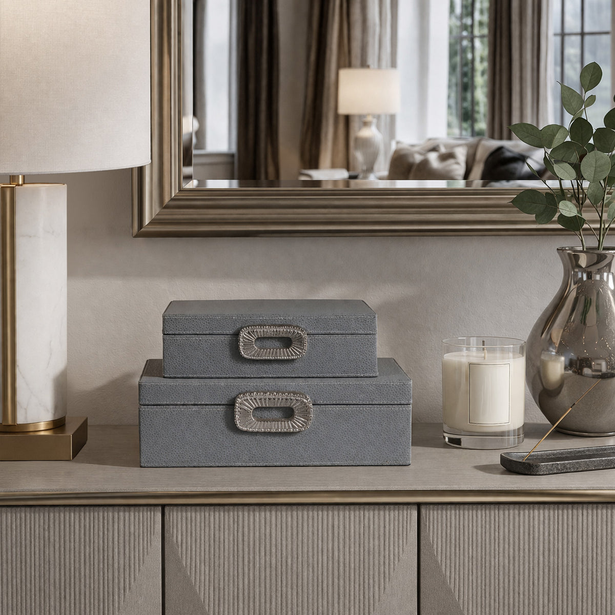 Bardsdale Blue/Silver Shagreen Boxes with Hardware (Set of 2)