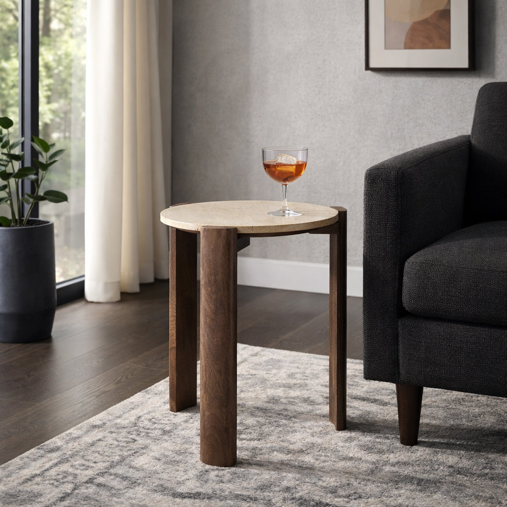 El Macero Tan/Brown Accent Table with Travertine Top