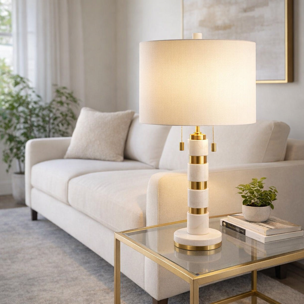 Plainview White/Gold Stacked Marble Lamp with 2 Pulls