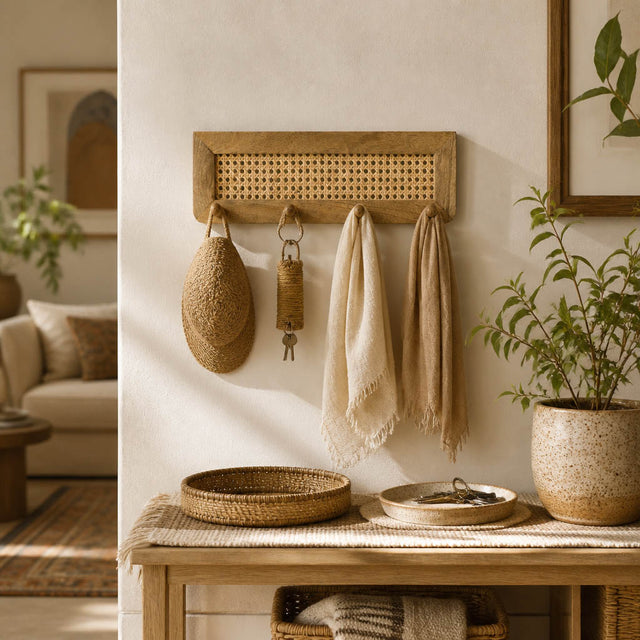 Montague Light Brown Wood and Rattan 4-Hook Wall Storage