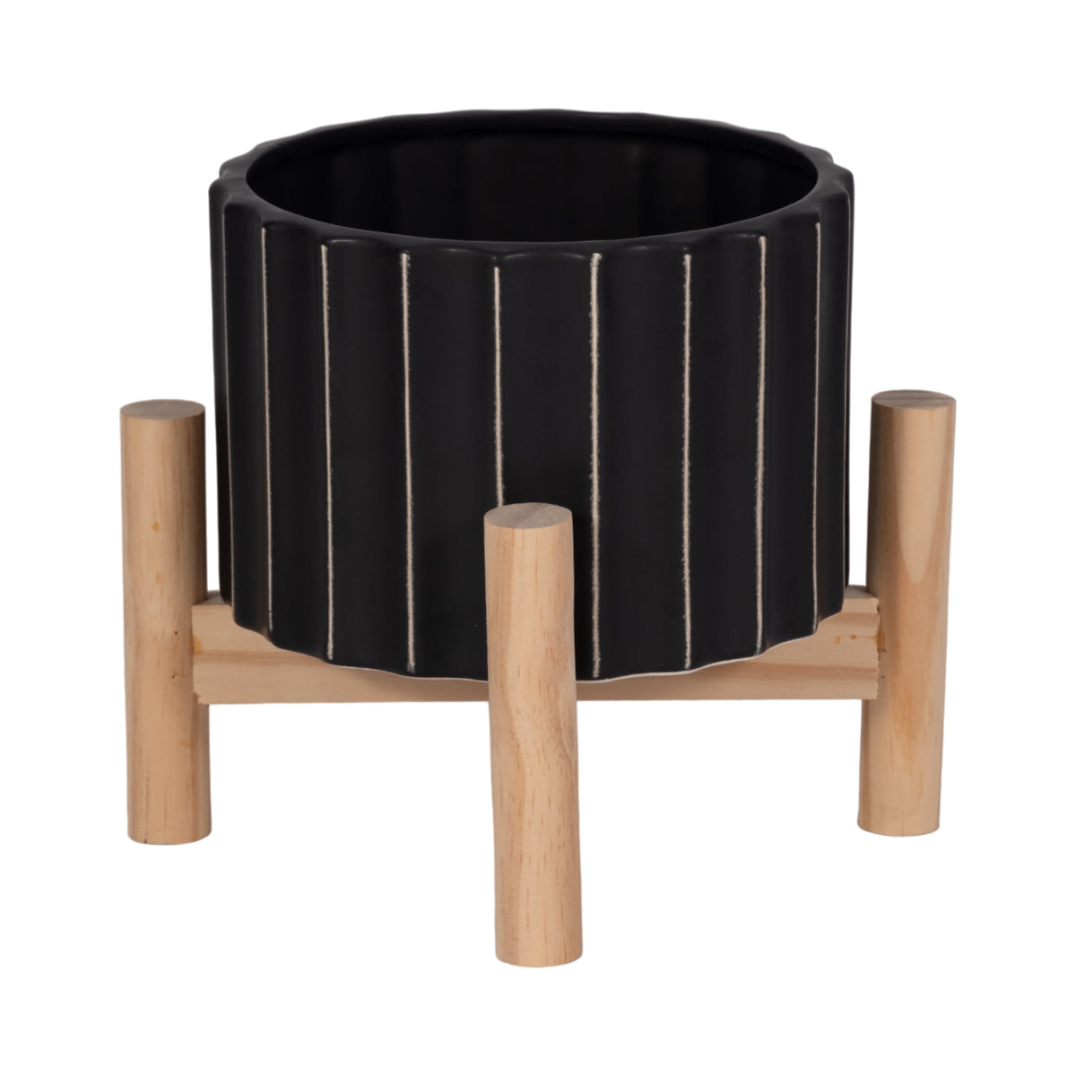 Doyle Black Ceramic Fluted Planter with Wood Stand