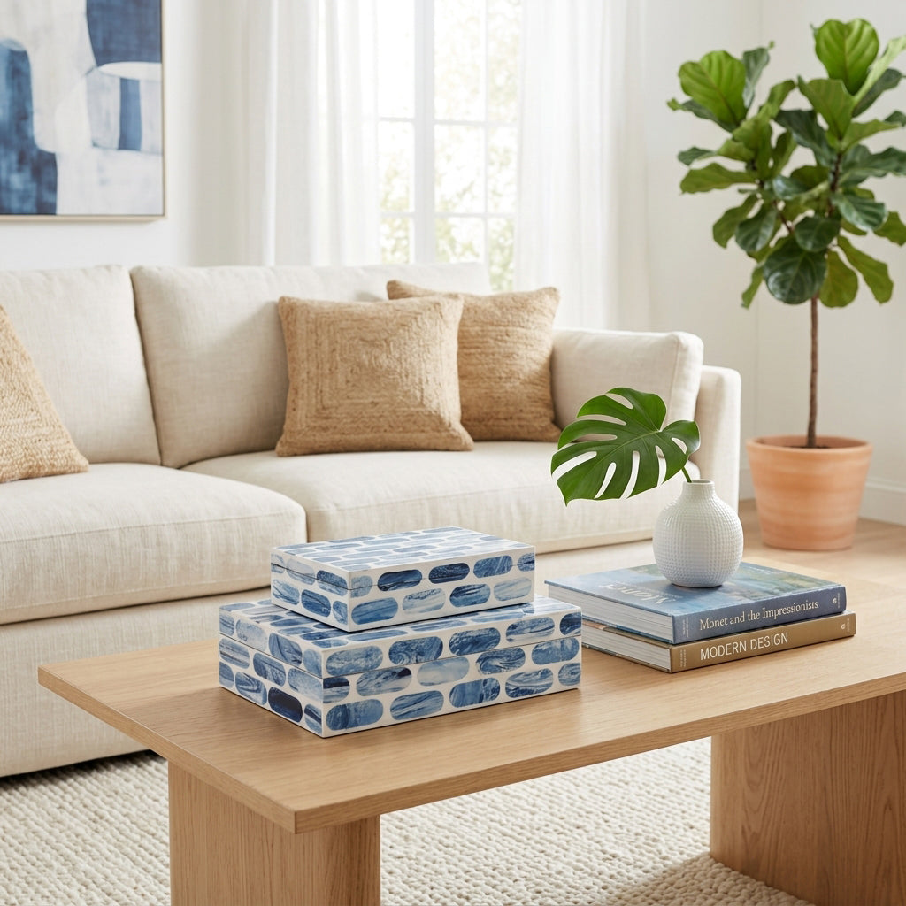 Lonoak Blue/White Oval Print Resin Boxes (Set of 2)