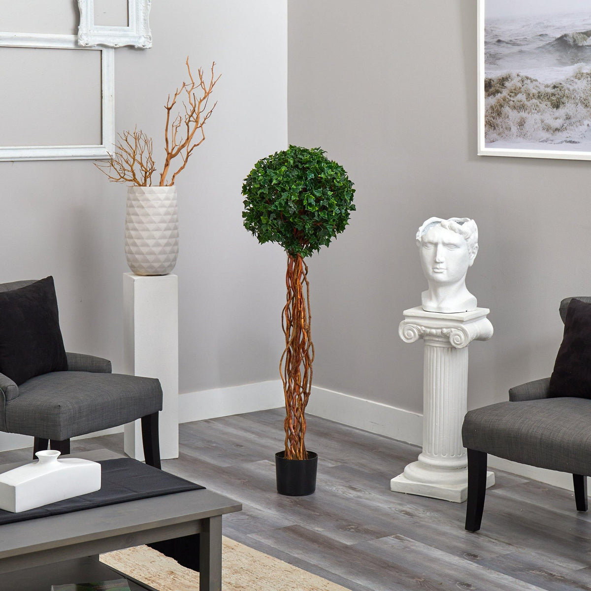 4.5’ English Ivy Single Ball Artificial Topiary Tree with Natural Trunk UV Resistant (Indoor/Outdoor)