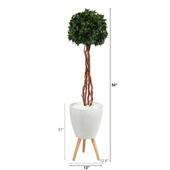 4.5’ English Ivy Topiary Single Ball Artificial Tree in White Planter with Stand (Indoor/Outdoor) - Ornate Home