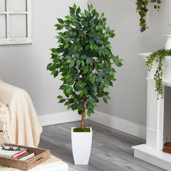 4.5’ Ficus Artificial Tree in White Metal Planter - Ornate Home