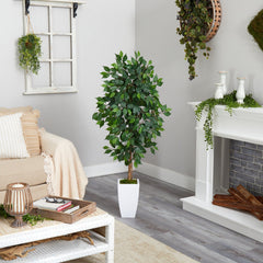 4.5’ Ficus Artificial Tree in White Metal Planter - Ornate Home