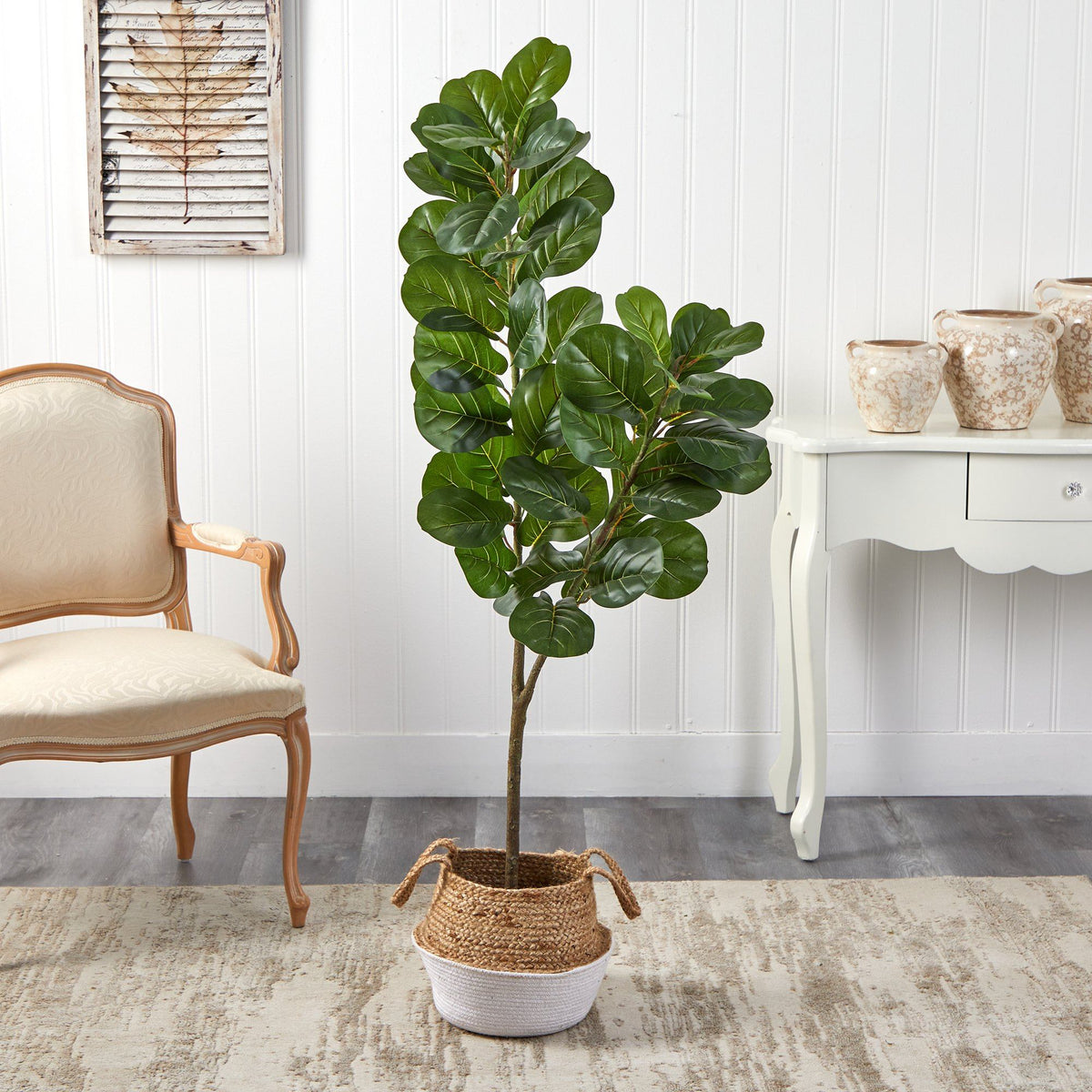 4.5’ Fiddle Leaf Fig Artificial Tree with Boho Chic Handmade Cotton & Jute White Woven Planter