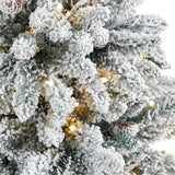 4.5’ Flocked Livingston Fir Artificial Christmas Tree with Pine Cones and 150 Clear Warm LED Lights in Tall White Planter