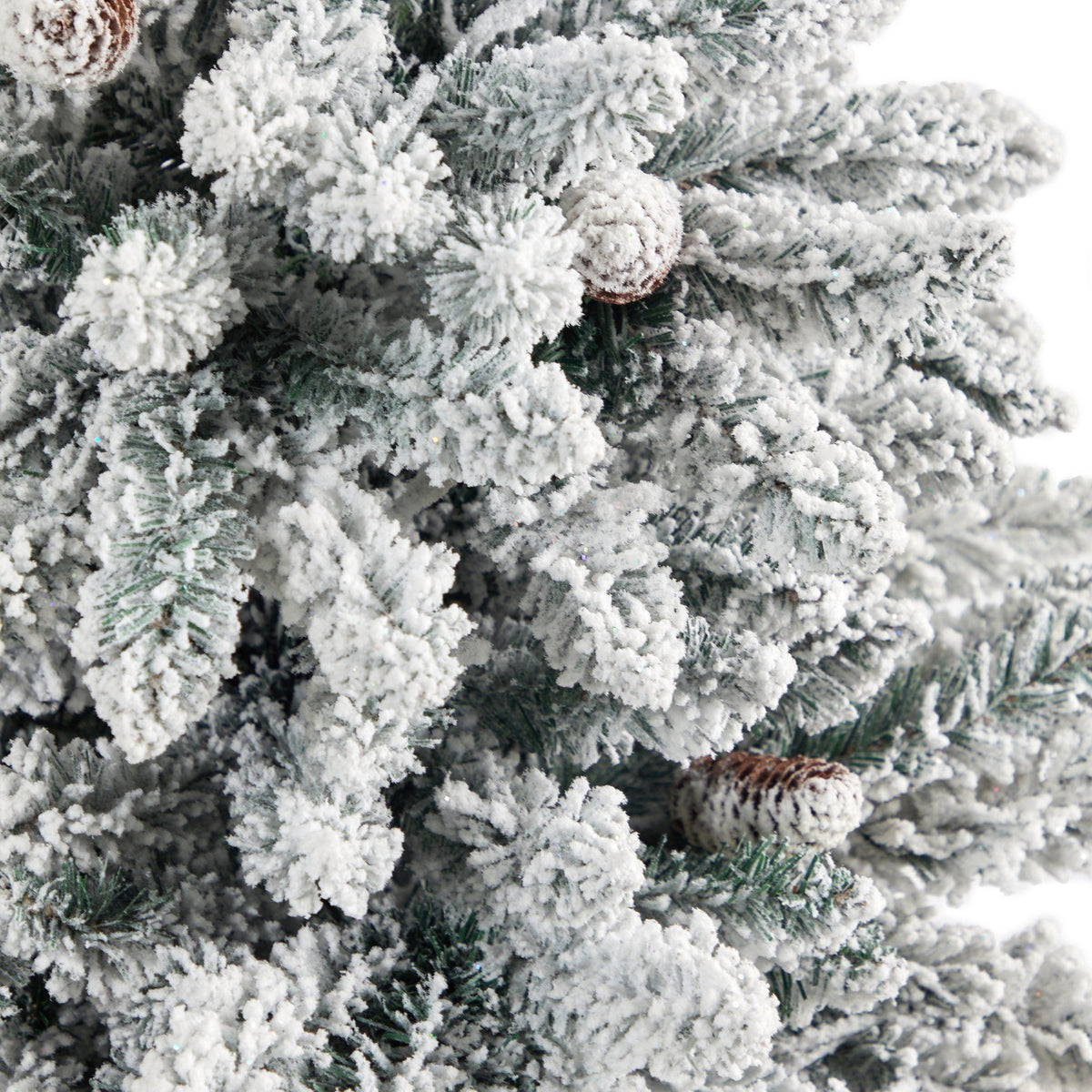 4.5’ Flocked Livingston Fir Artificial Christmas Tree with Pine Cones and 150 Clear Warm LED Lights in Tall White Planter