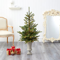 4.5’ Layered Washington Spruce Artificial Christmas Tree with 100 Clear LED Lights and 189 Bendable Branches in Sand Colored Urn - Ornate Home