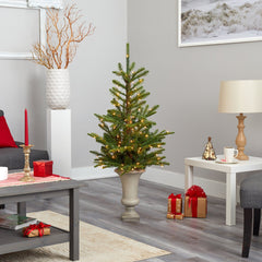 4.5’ Layered Washington Spruce Artificial Christmas Tree with 100 Clear LED Lights and 189 Bendable Branches in Sand Colored Urn - Ornate Home