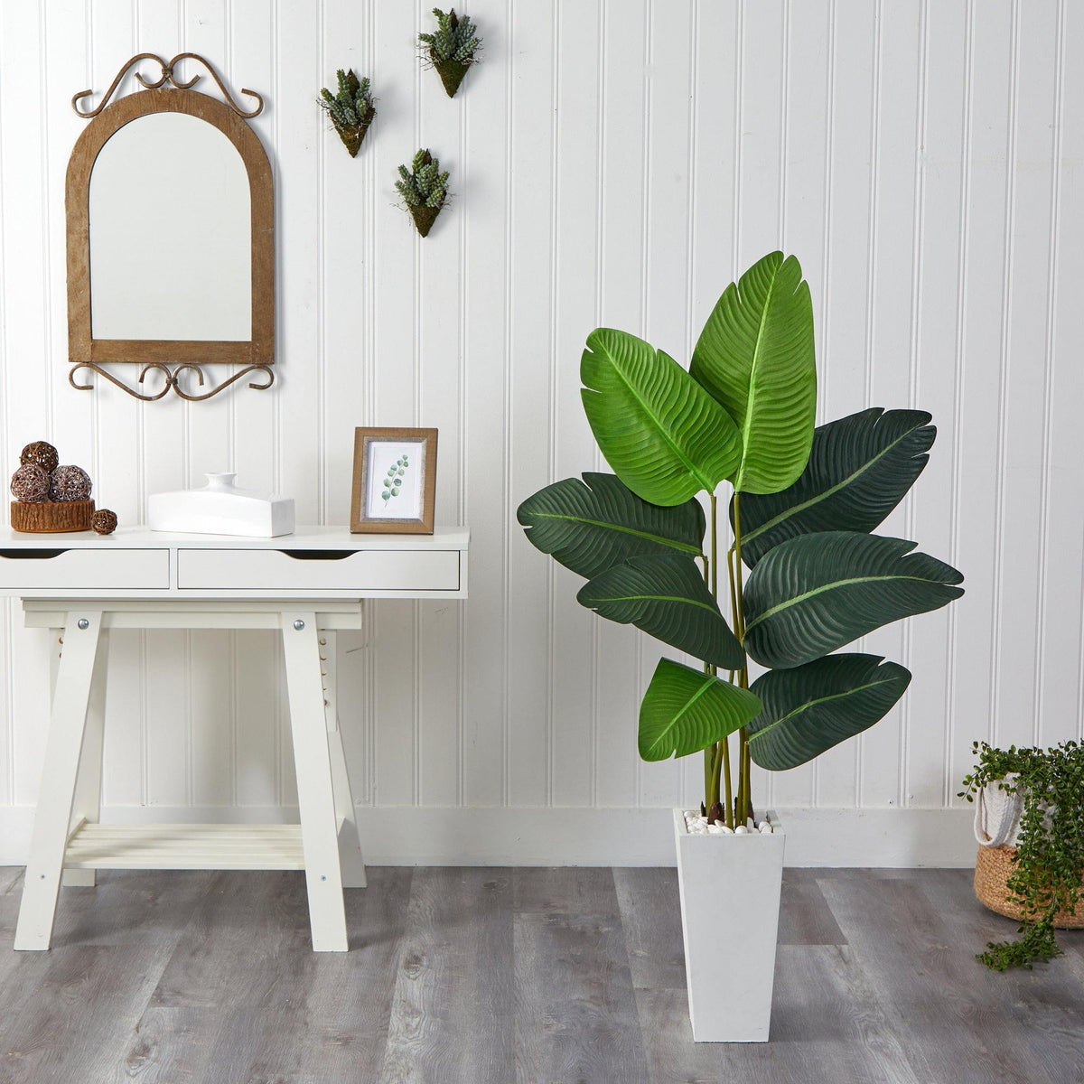4.5’ Traveler's Palm Artificial Tree in White Planter