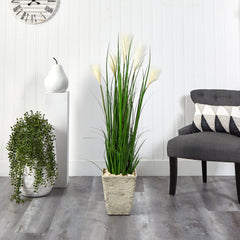 4.5’ Wheat Plum Grass Artificial Plant in Country White Planter - Ornate Home